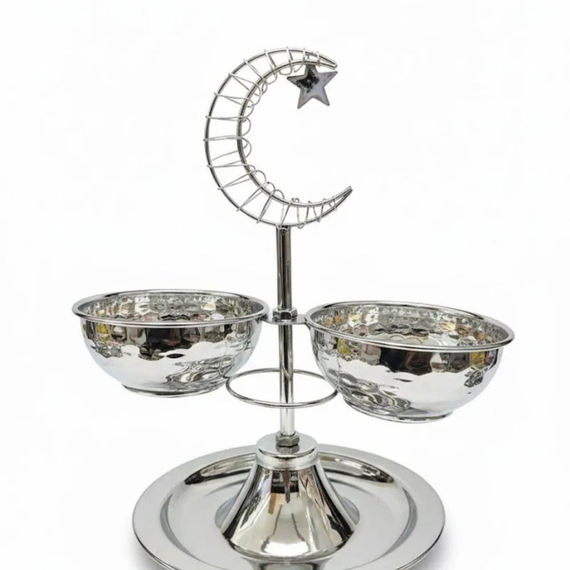 Metal Crescent Moon And Star Topped Serving Stand With Two Bowl For Ramadan Decoration- Silver